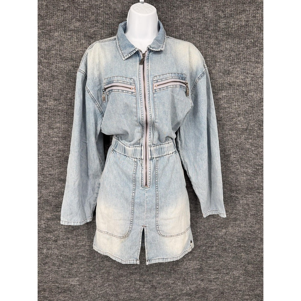 One Teaspoon Dress‎ Womens M Blue Denim Zip Front Long Sleeve Shirt Mini Pockets
